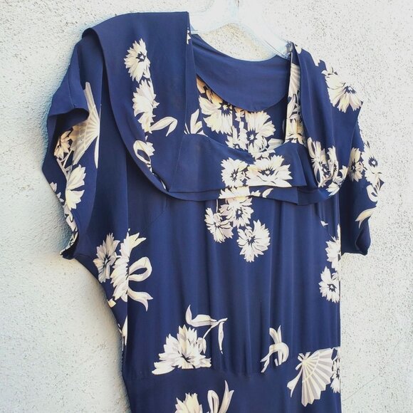 1930s Navy Floral Fan Dress Size 8 Draped Neckline Batwing Sleeve Vintage Rayon - Picture 12 of 13